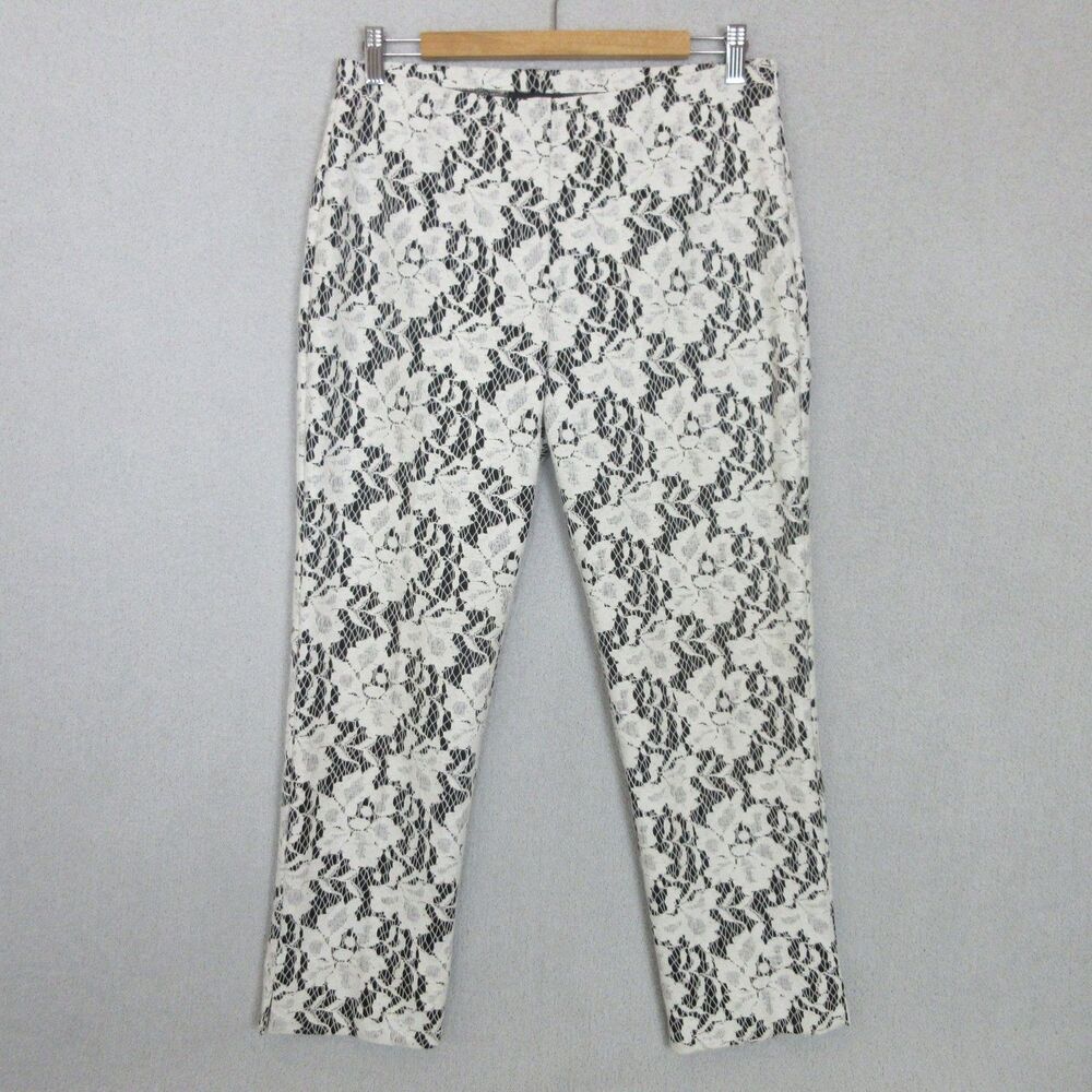 Karen Kane Pants Womens 10 White Floral Lace Black Lined Ankle Cropped Tapered